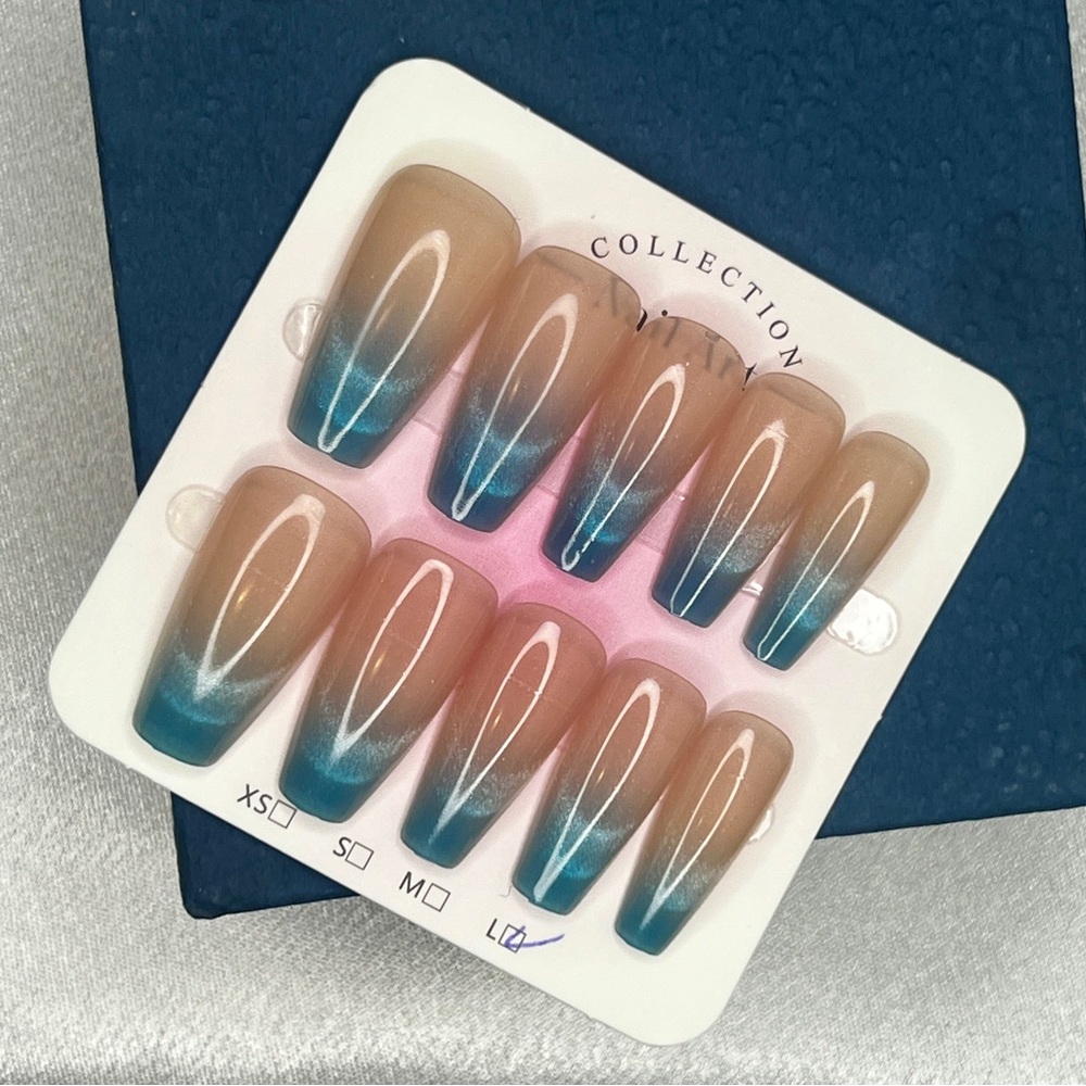 Neutral-to-Teal Ombre Coffin Press-On Nails size L